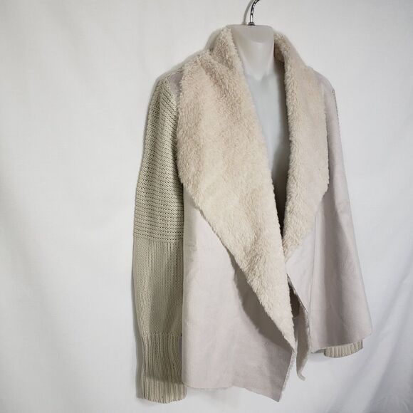 Chelsea & Theodore Cardigan Sweater Size XL Beige Faux-Fur Suede Open-Front Knit - Picture 4 of 9